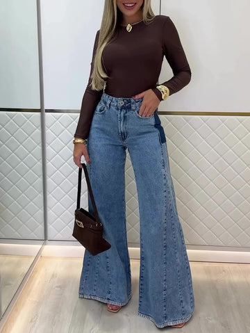Light Blue High-Waist Flared Patchwork Jeans