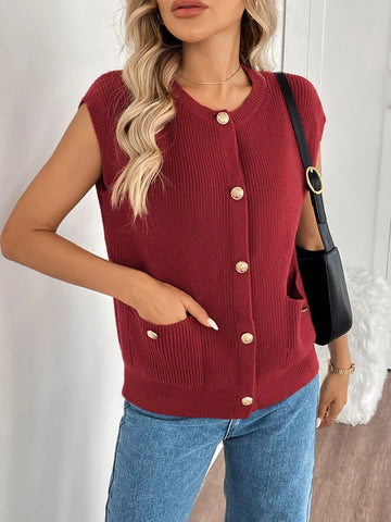 Red Knitted Sleeveless Cardigan