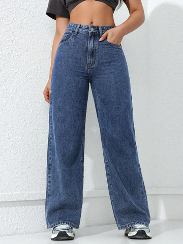 Dark Blue High Waist Wide Leg Jeans