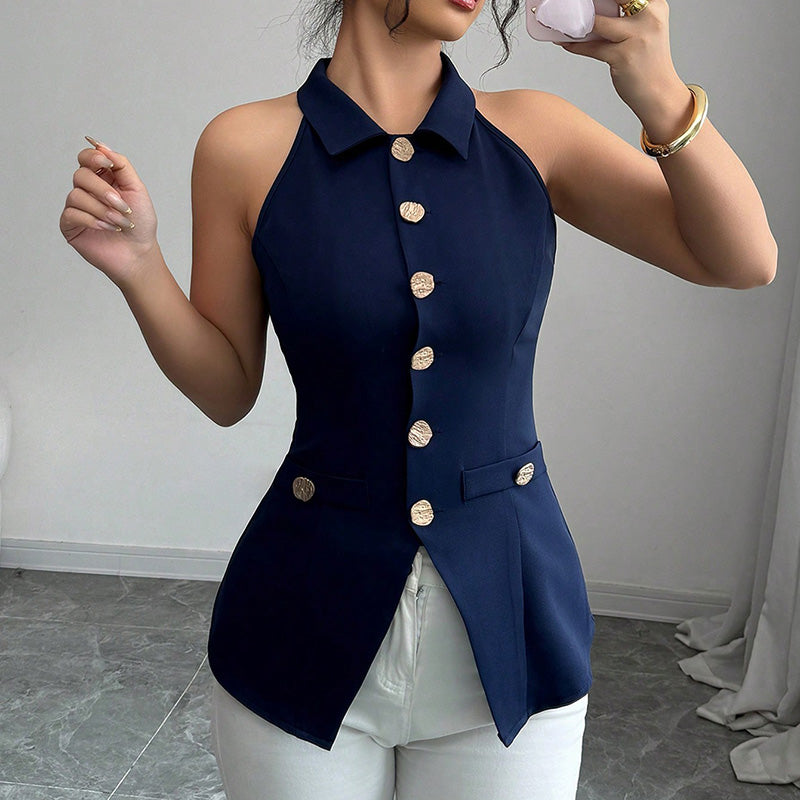 Navy Sleeveless Button Front Top