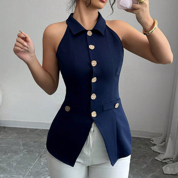 Navy Sleeveless Button Front Top