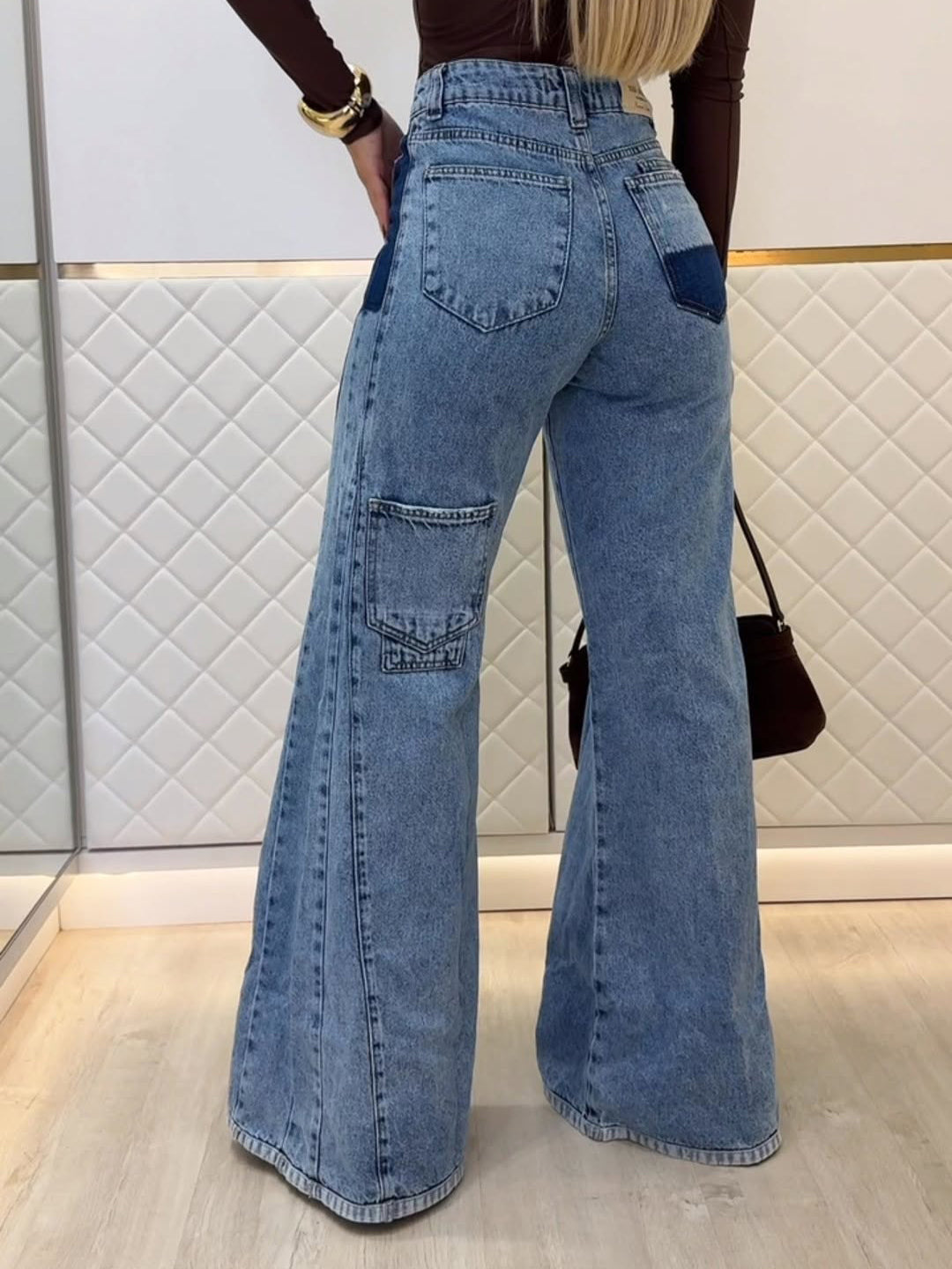 Light Blue High-Waist Flared Patchwork Jeans