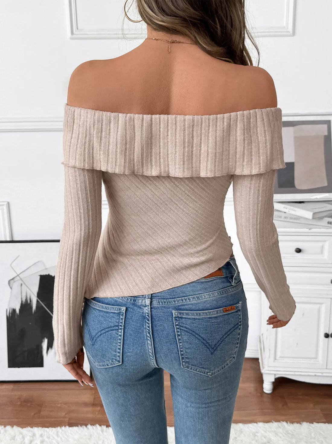 Light Khaki Ribbed Off-Shoulder Asymmetric Hem Top