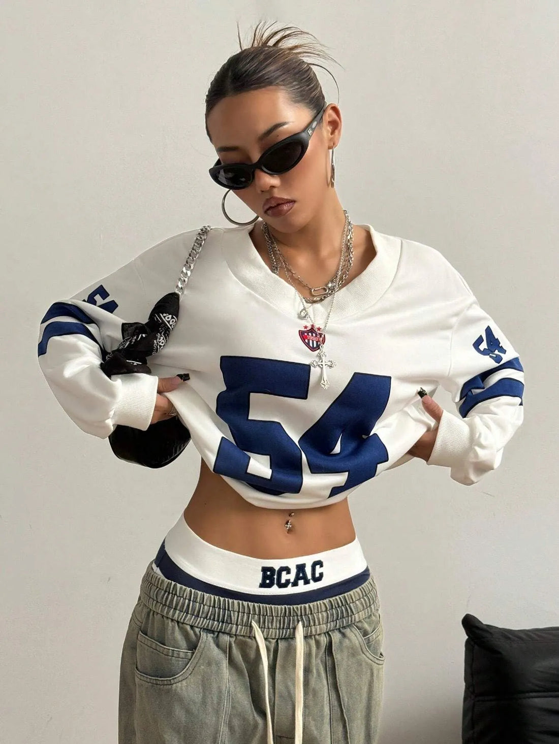 White Oversized V-Neck Number Print Sweatshirt