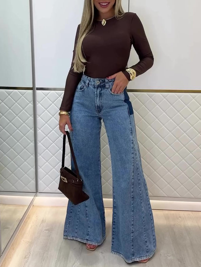 Light Blue High-Waist Flared Patchwork Jeans