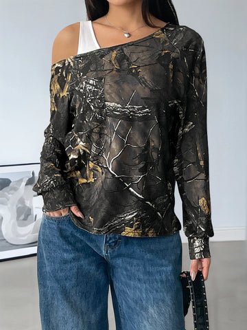 Army Green Spliced Off-Shoulder Long Sleeve Top