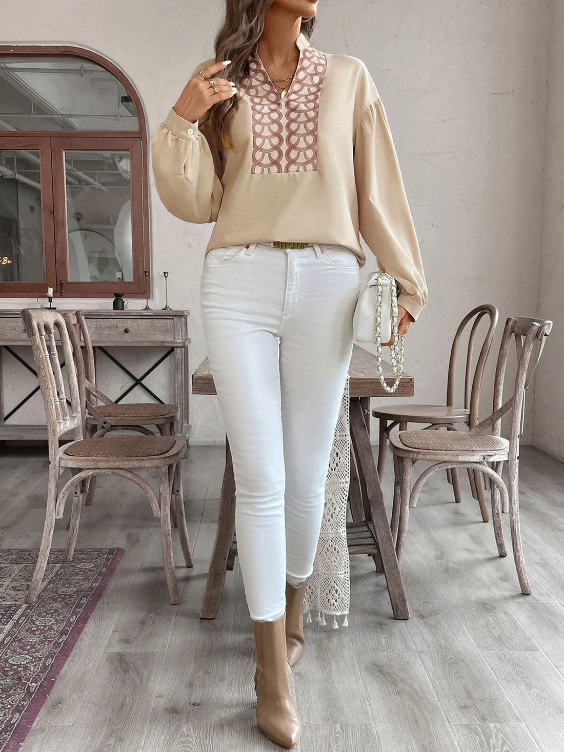 Apricot Puff Sleeve Stand Collar Blouse