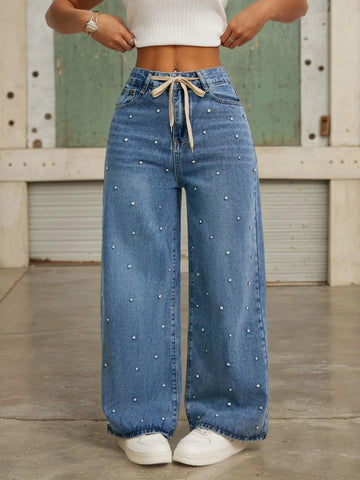 Blue Wide Leg Beaded Jeans