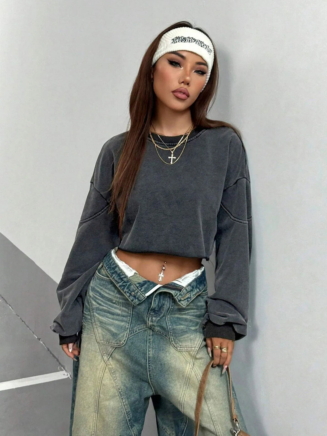 Dark Grey Cropped Long Sleeve Top
