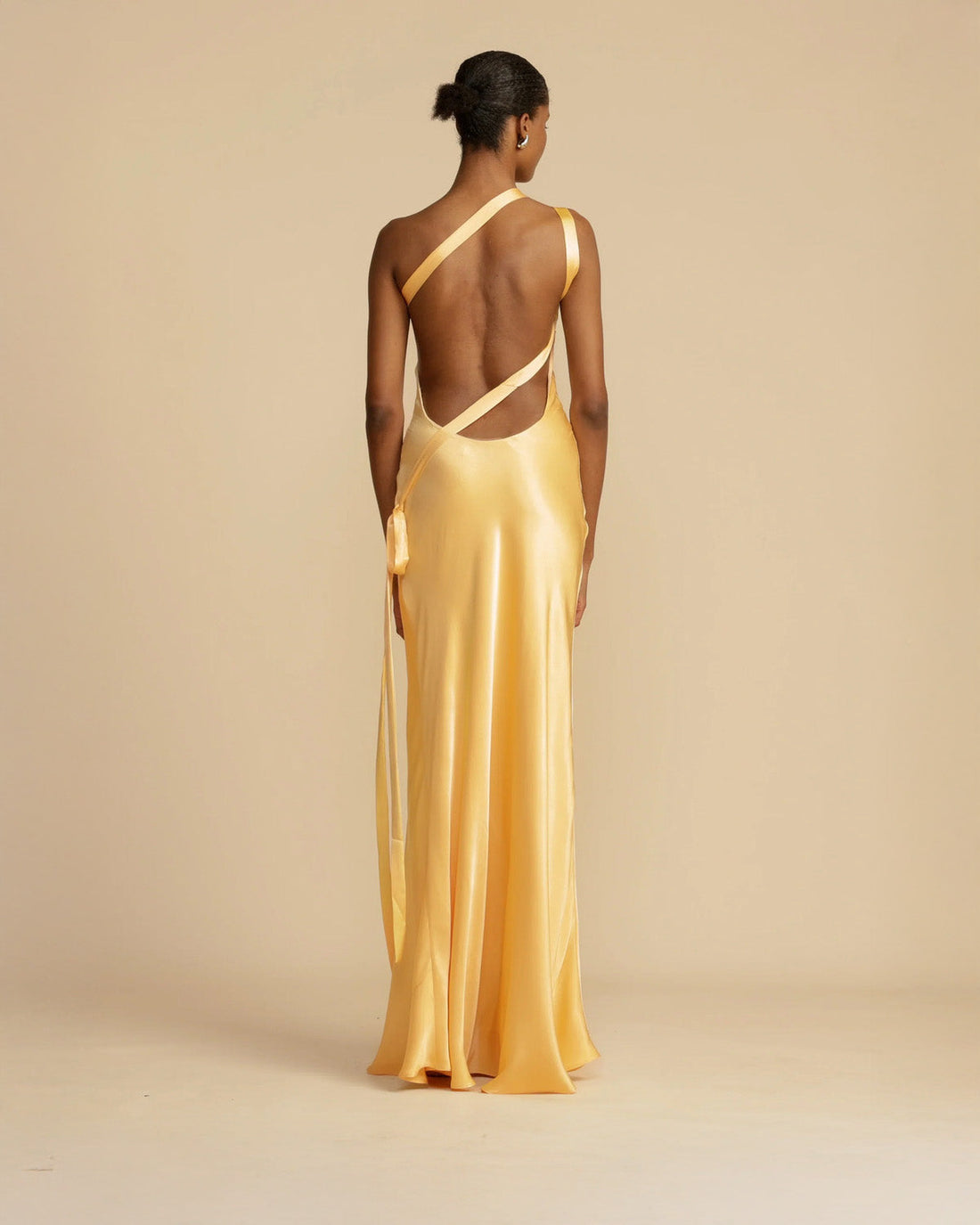 Yellow One Shoulder Satin Maxi Dress with Slit