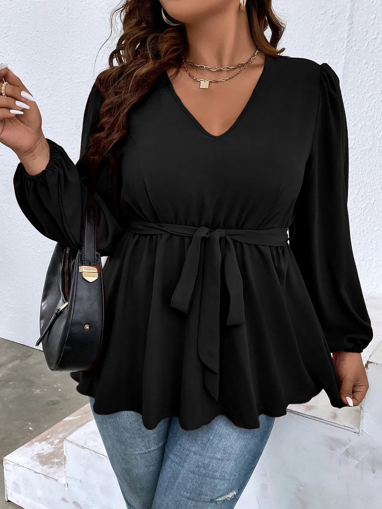 Black V-Neck Tie Waist Blouse with Lantern Sleeves