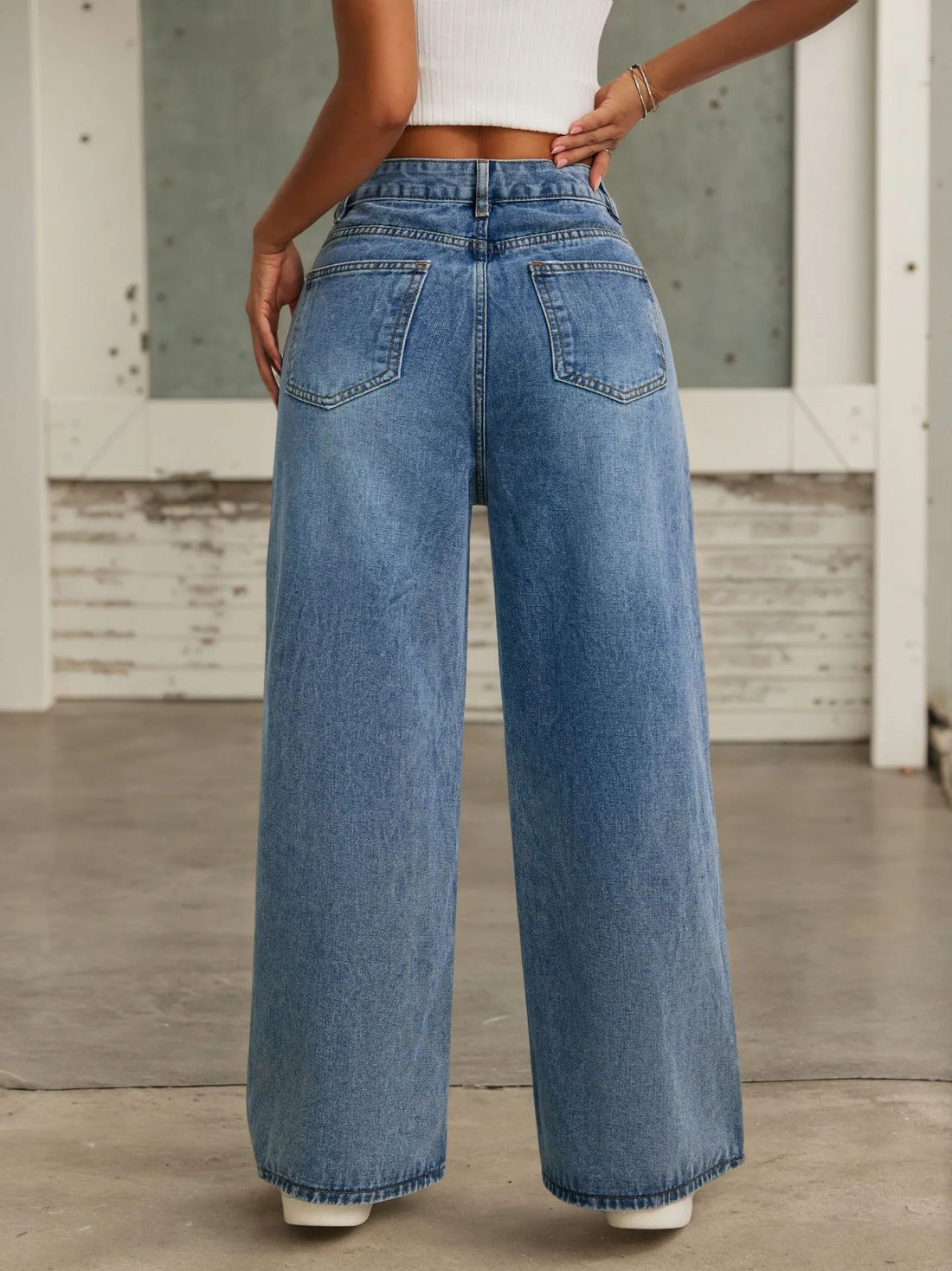 Blue Wide Leg Beaded Jeans