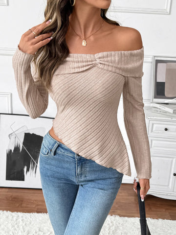 Light Khaki Ribbed Off-Shoulder Asymmetric Hem Top