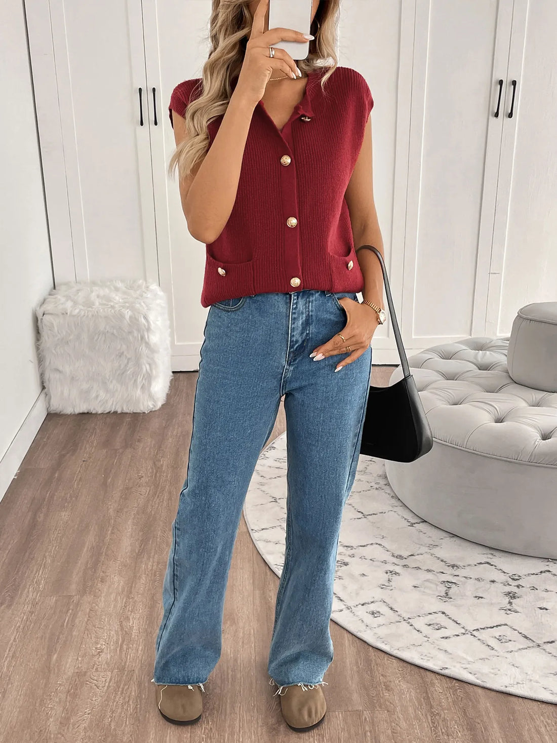 Red Knitted Sleeveless Cardigan