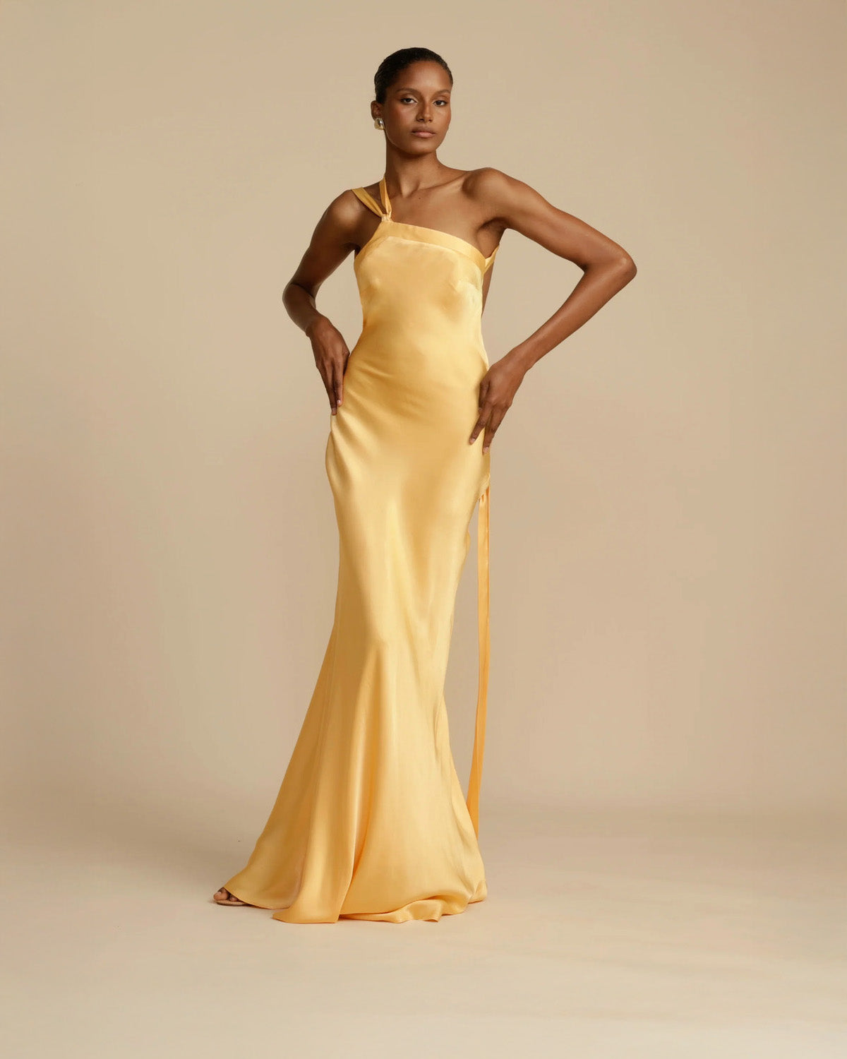 Yellow One Shoulder Satin Maxi Dress with Slit