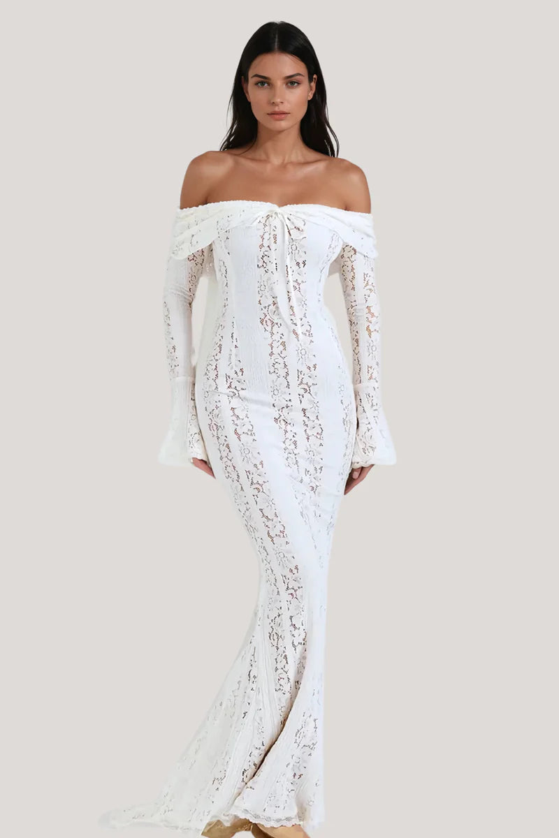 White Lace Off Shoulder Maxi Dress