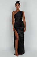 Vestido Maxi de Um Ombro Isadora™ Cetim Elegante Fenda Alta Ajustável Versátil