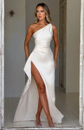 Vestido Maxi de Um Ombro Isadora™ Cetim Elegante Fenda Alta Ajustável Versátil