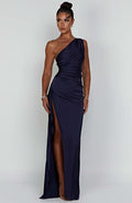 Vestido Maxi de Um Ombro Isadora™ Cetim Elegante Fenda Alta Ajustável Versátil