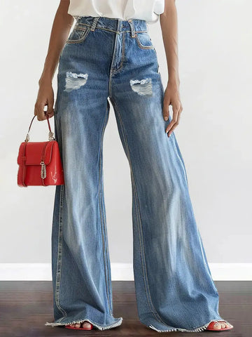 Blue High Waist Wide Leg Ripped Jeans