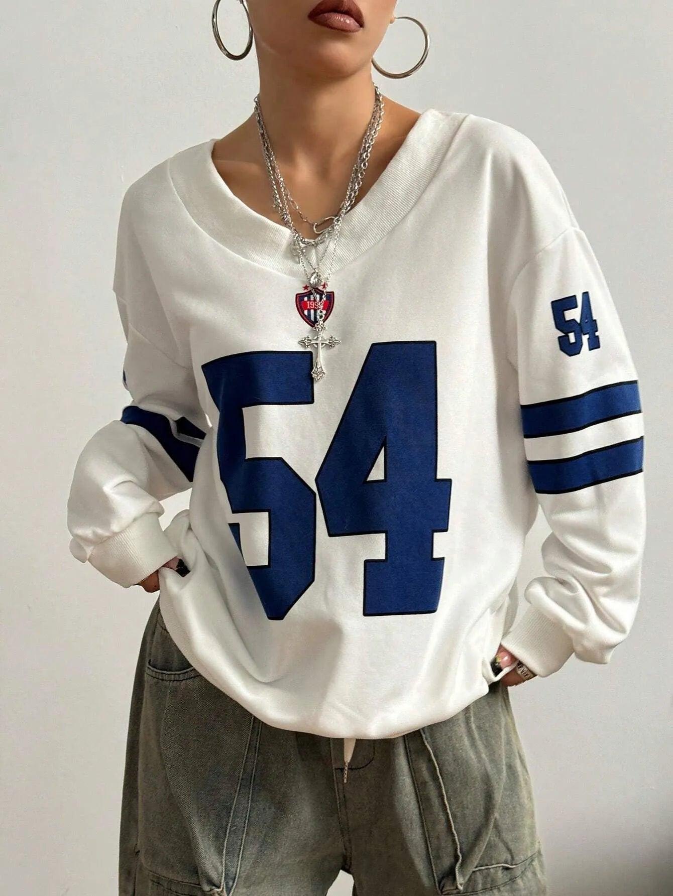 White Oversized V-Neck Number Print Sweatshirt