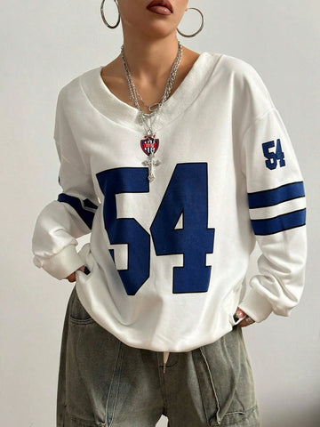 White Oversized V-Neck Number Print Sweatshirt