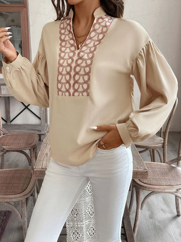 Apricot Puff Sleeve Stand Collar Blouse
