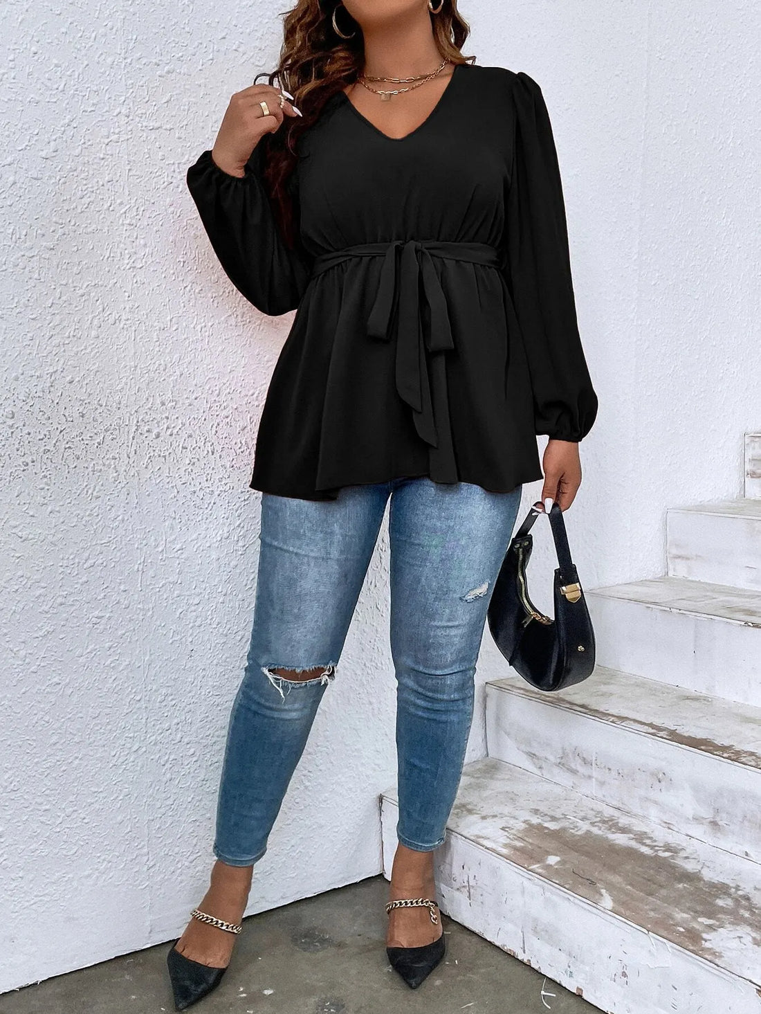 Black V-Neck Tie Waist Blouse with Lantern Sleeves