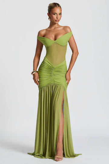 Off Shoulder Ruched Mesh Maxi Dress