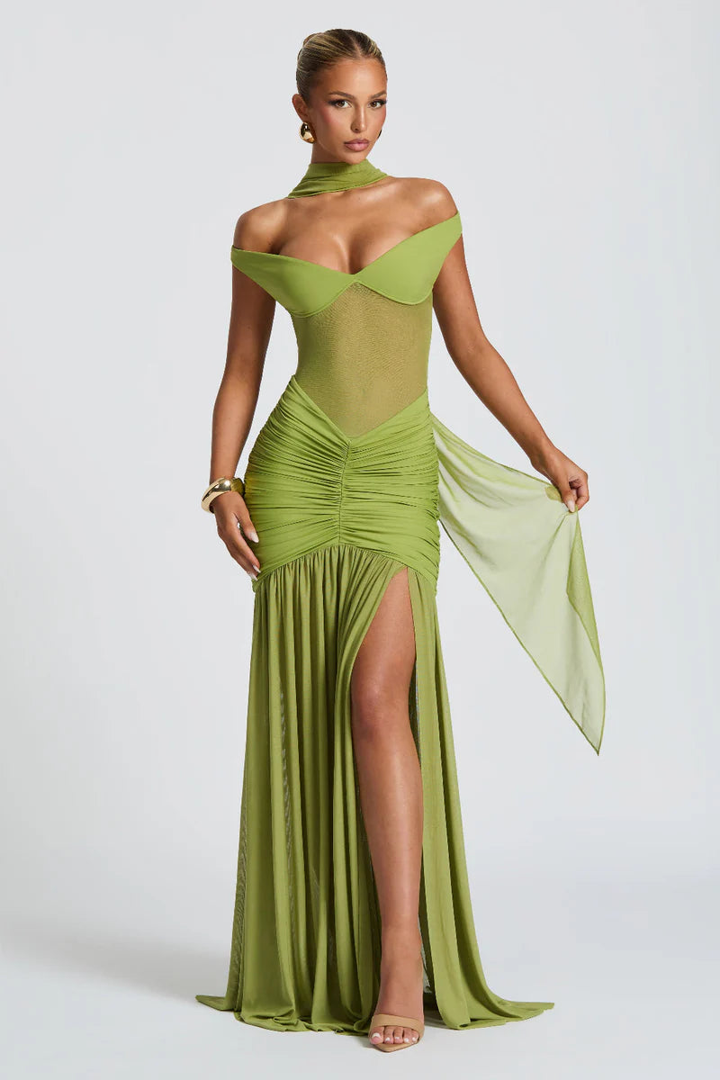 Off Shoulder Ruched Mesh Maxi Dress