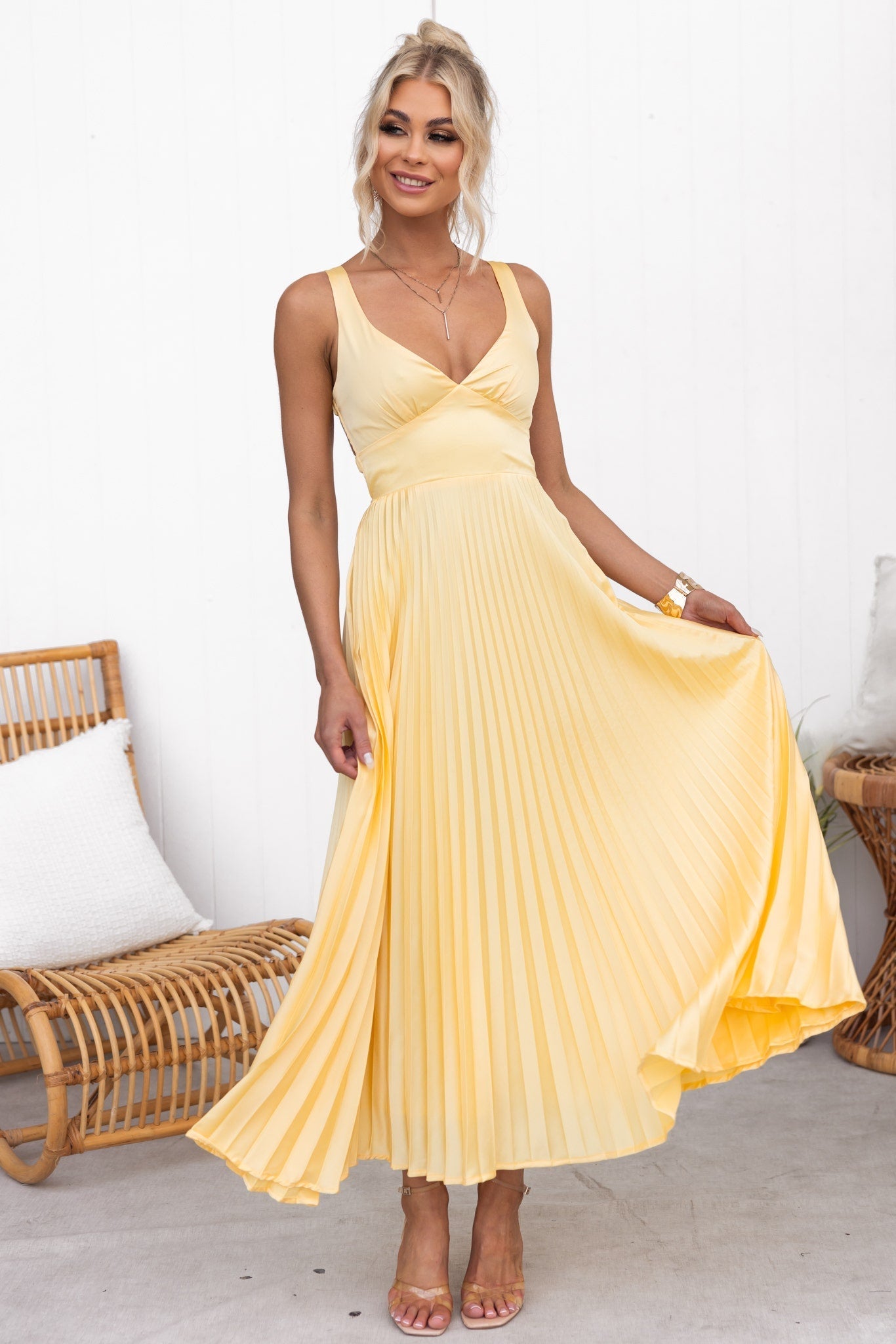 Sunny Yellow Pleated Midi Dress with V-Neckline