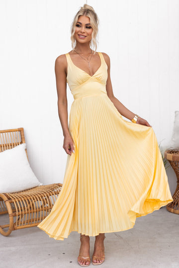 Sunny Yellow Pleated Midi Dress with V-Neckline