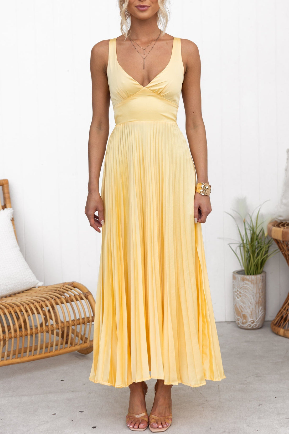 Sunny Yellow Pleated Midi Dress with V-Neckline