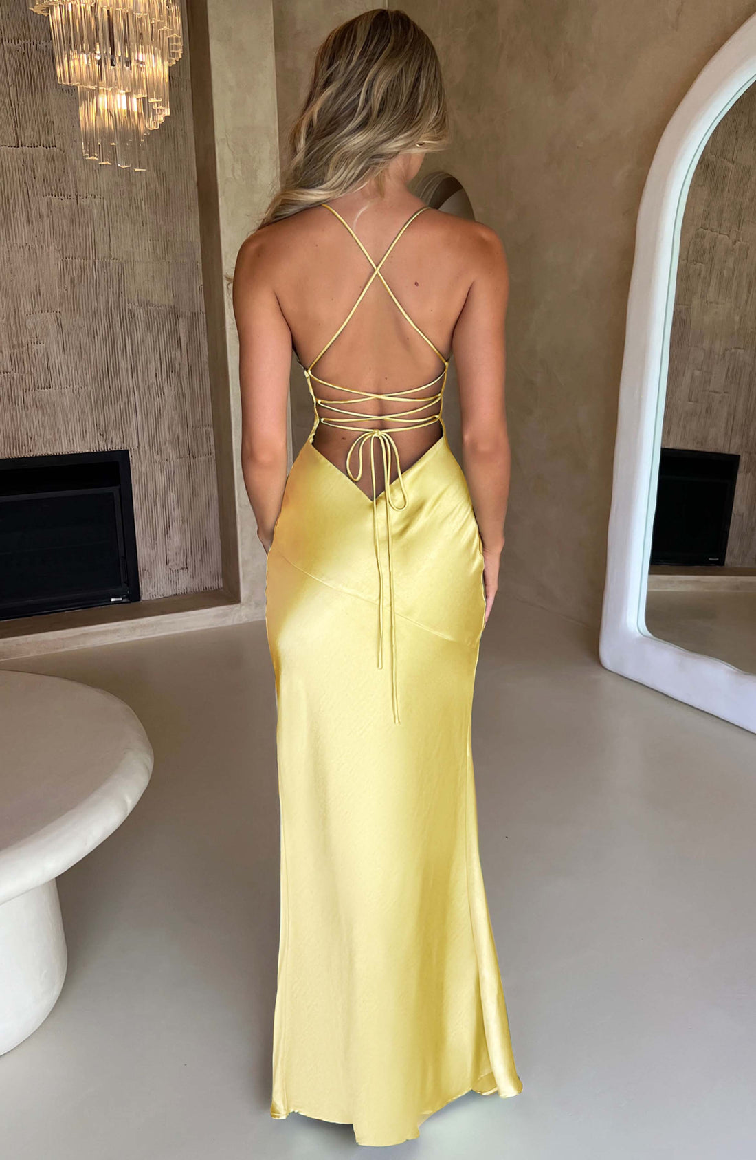 Lemon Satin Maxi Dress with Slit and V-Neck