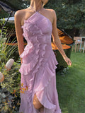 Vestido Isadora™ com Babados Deslumbrantes Lilás para Festas e Eventos Especiais